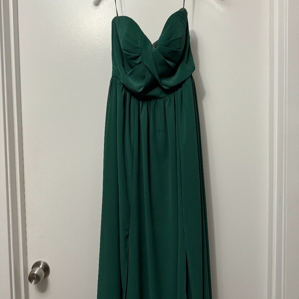 Dessy Hunter Green Draped Strapless Bridesmaid Gown with Slits